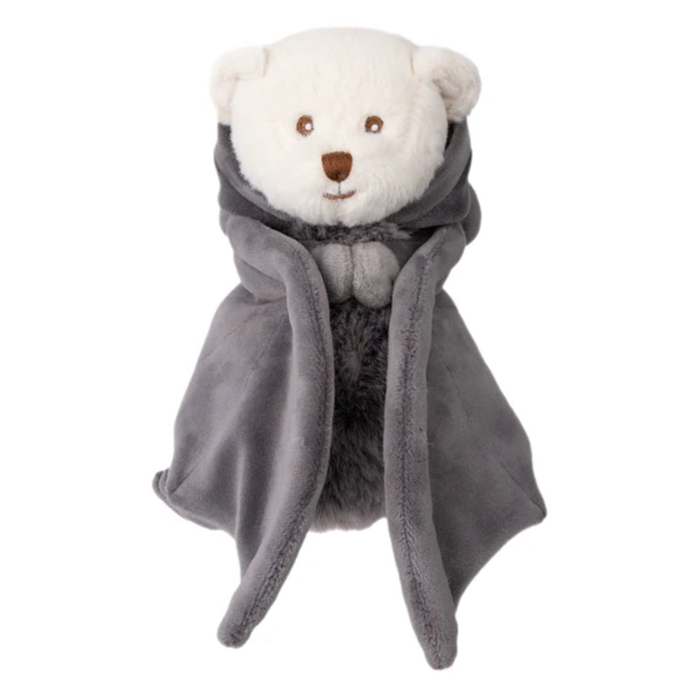 Plush teddy bear with a gray hooded bat costume with wings with hood down on a white background.