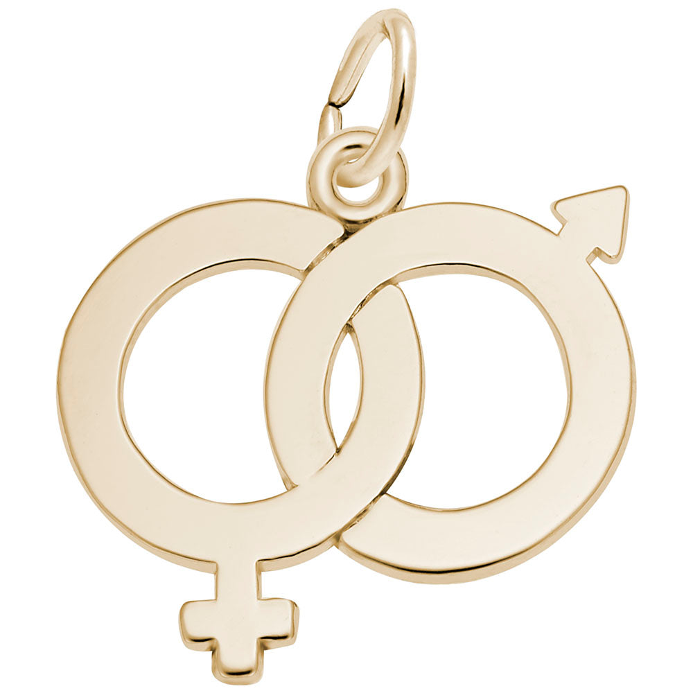 Gold intertwined male and female symbols charm on a white background