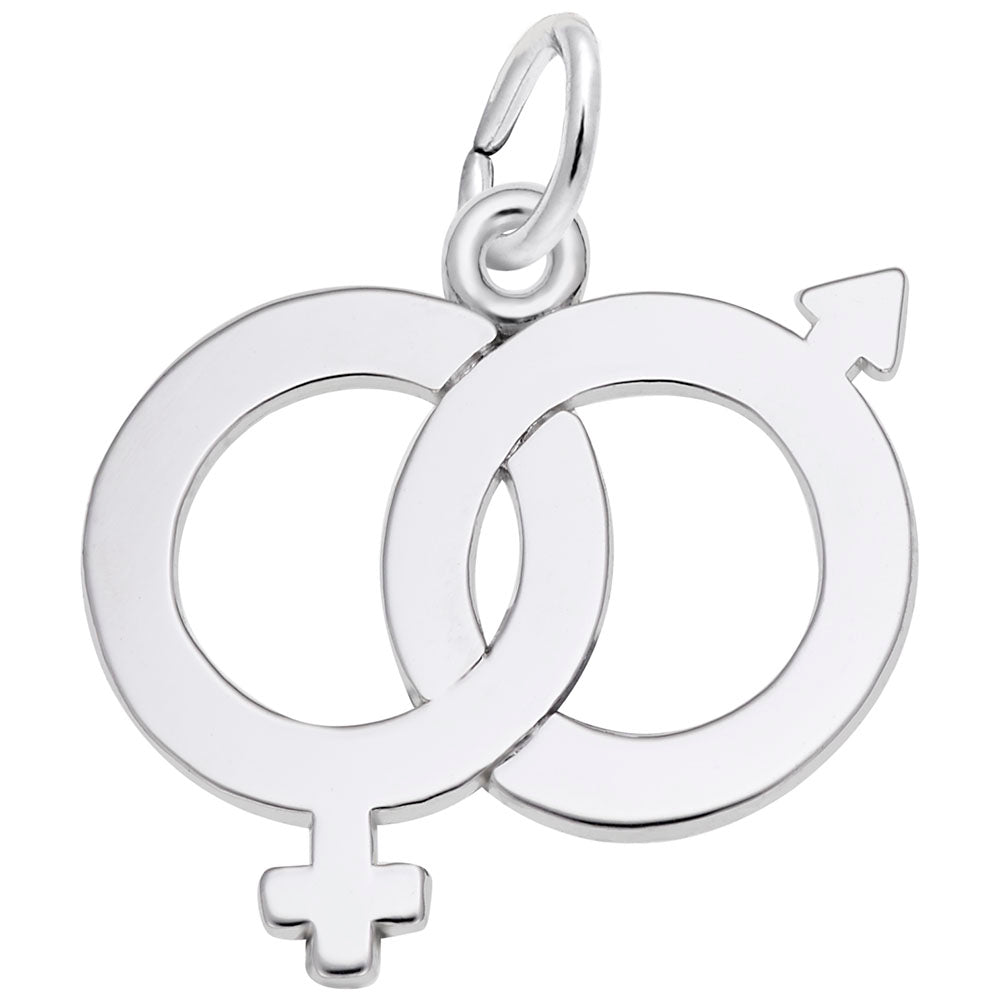 Gold intertwined male and female symbols charm on a white background