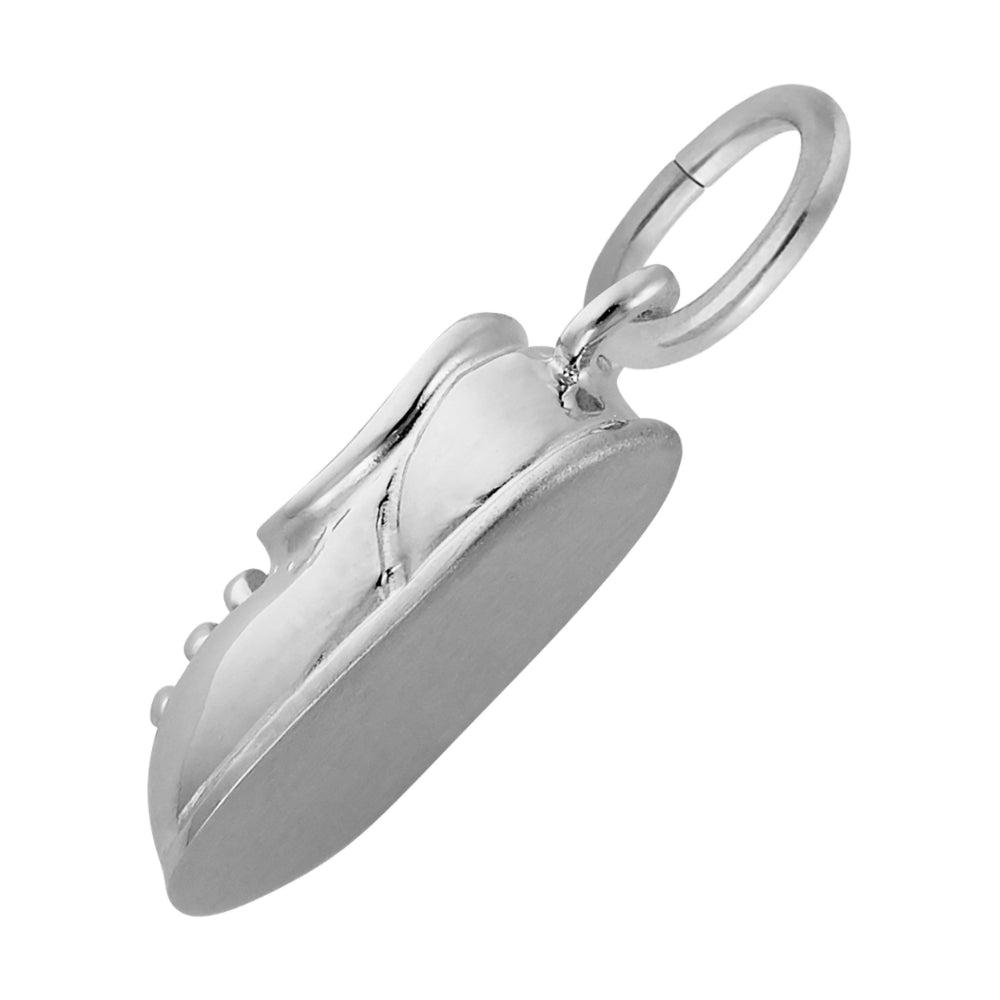 Side view of Silver Baby Shoe Shaped Charm on a white background