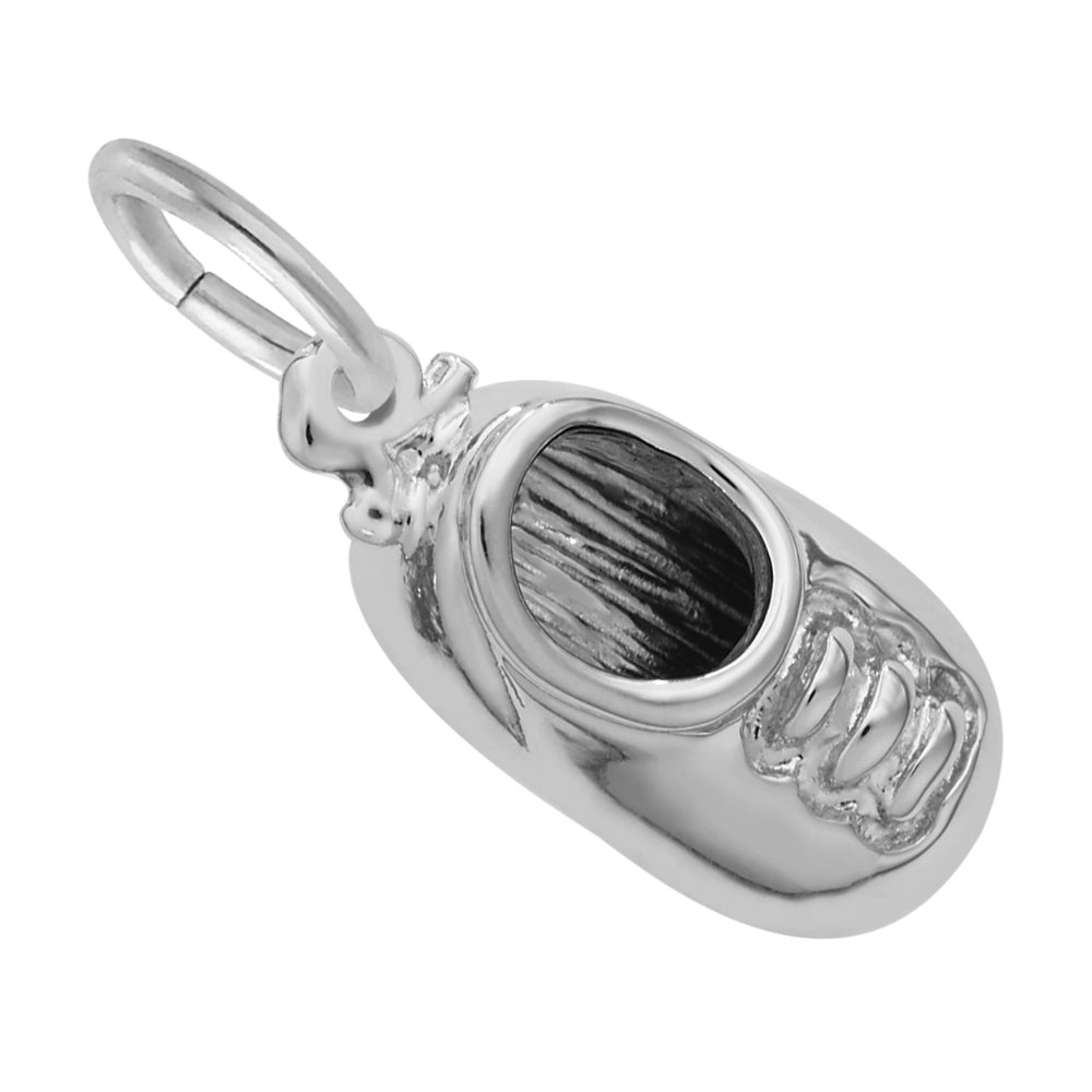 Top down view of Silver Baby Shoe Shaped Charm on a white background
