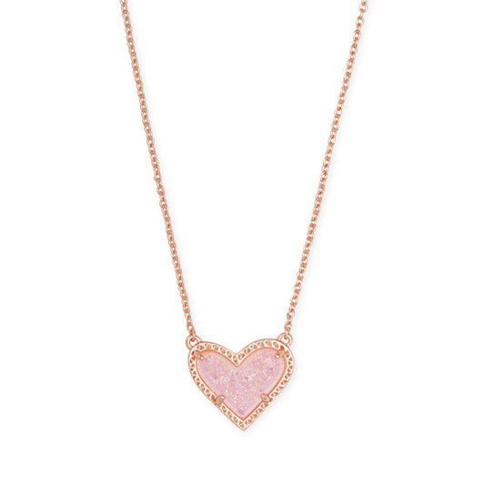 Kendra Scott Ari Heart Short Pendant Necklace Rose Gold Pink Drusy