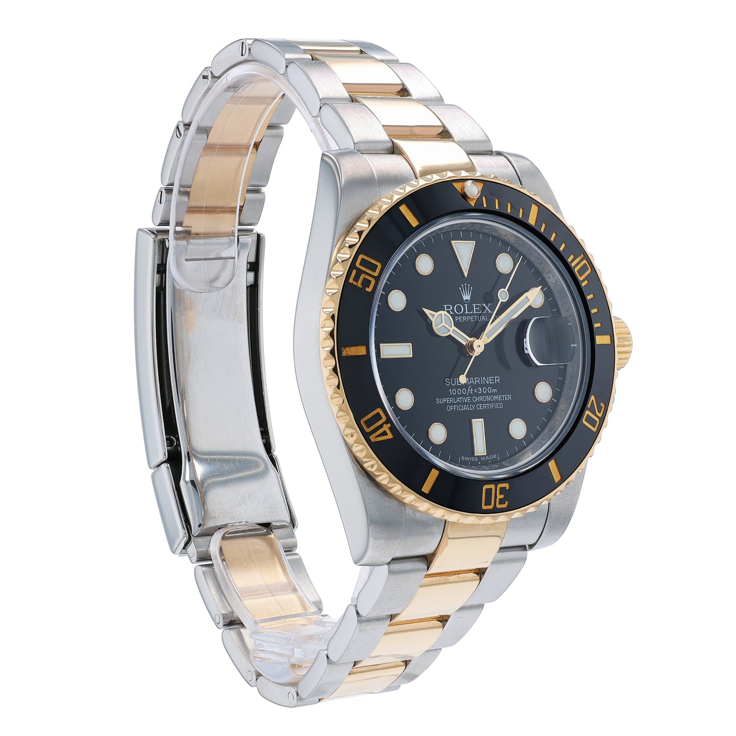 Angle of a two-tone Steel and gold Rolex Submariner watch with a black dial and bezel on a white background