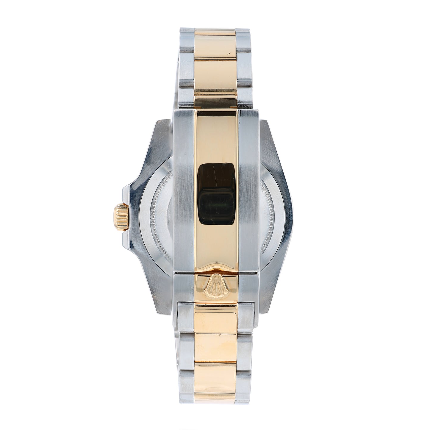 Back angle of a two-tone Steel and gold Rolex Submariner watch with a black dial and bezel on a white background