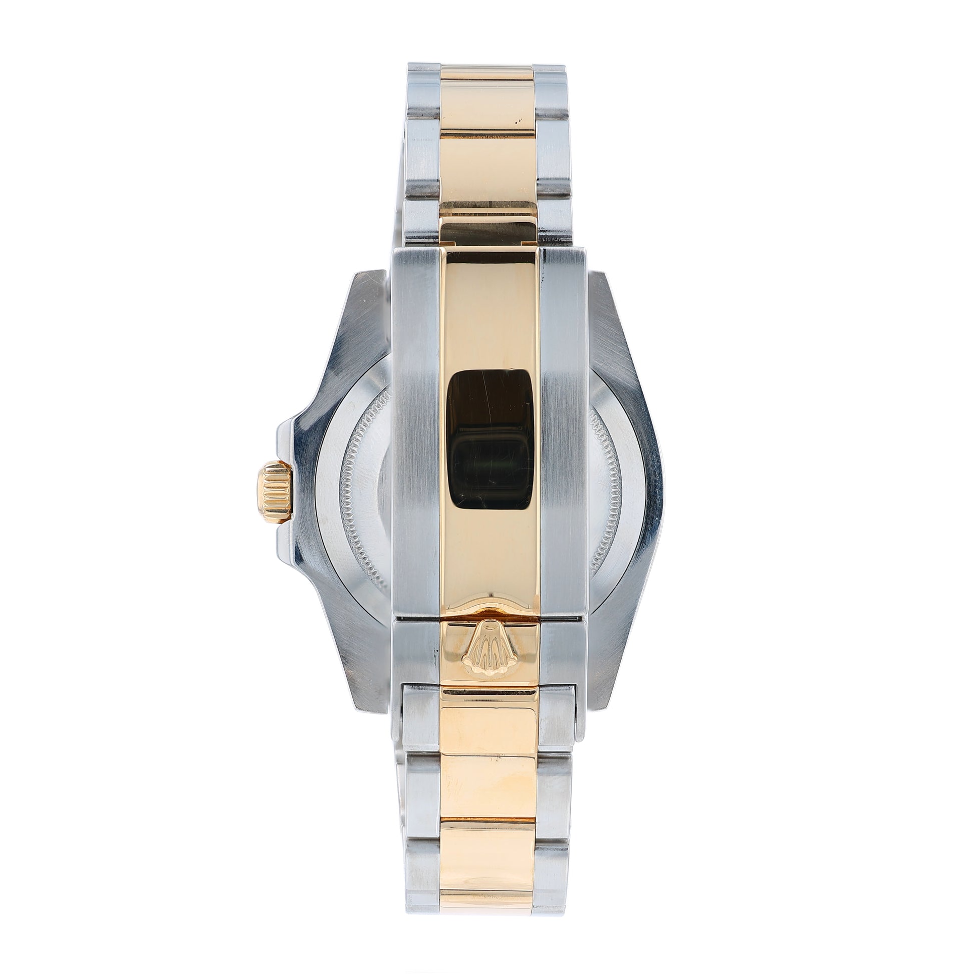 Back angle of a two-tone Steel and gold Rolex Submariner watch with a black dial and bezel on a white background