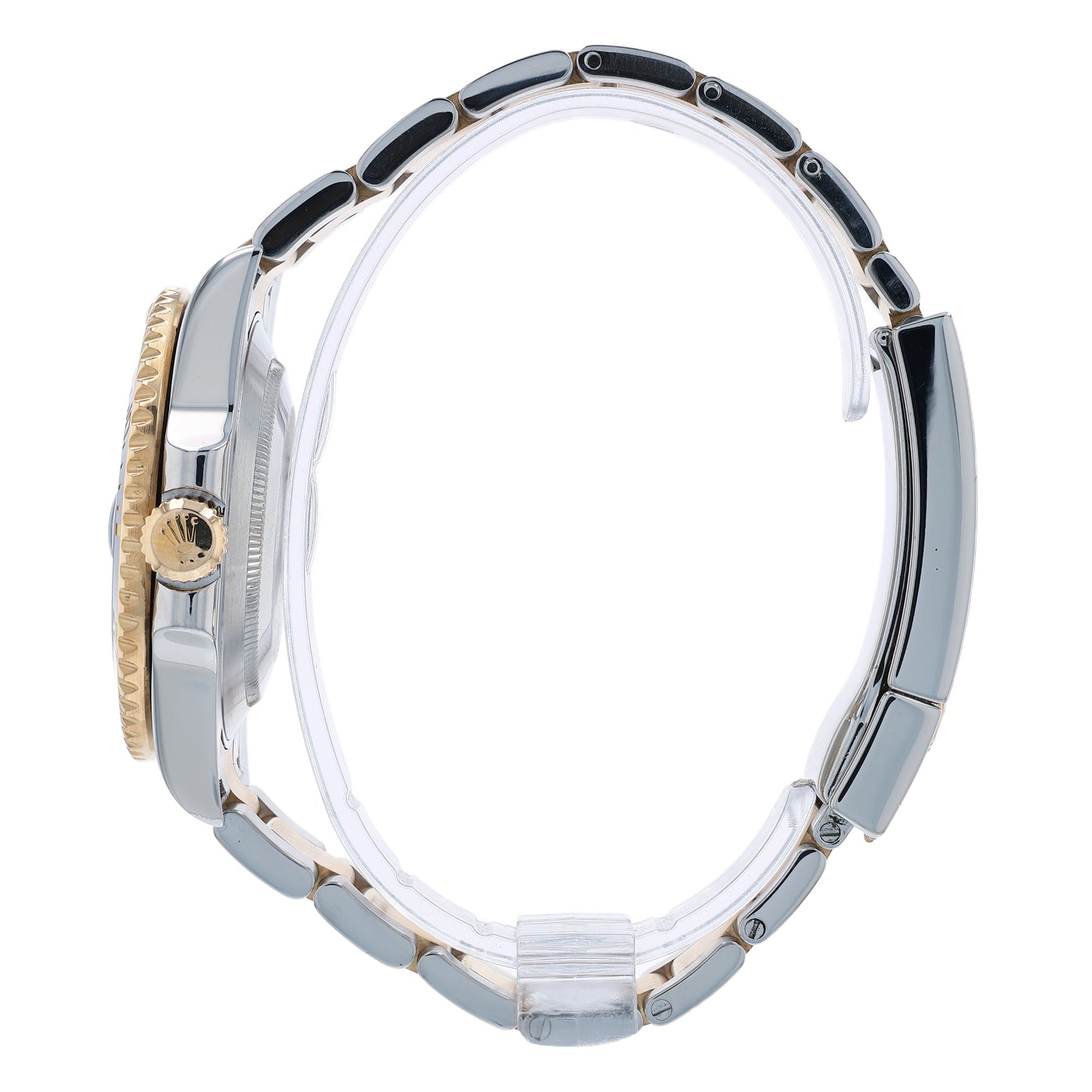 Side profile of a two-tone Steel and gold Rolex Submariner watch with a black dial and bezel on a white background