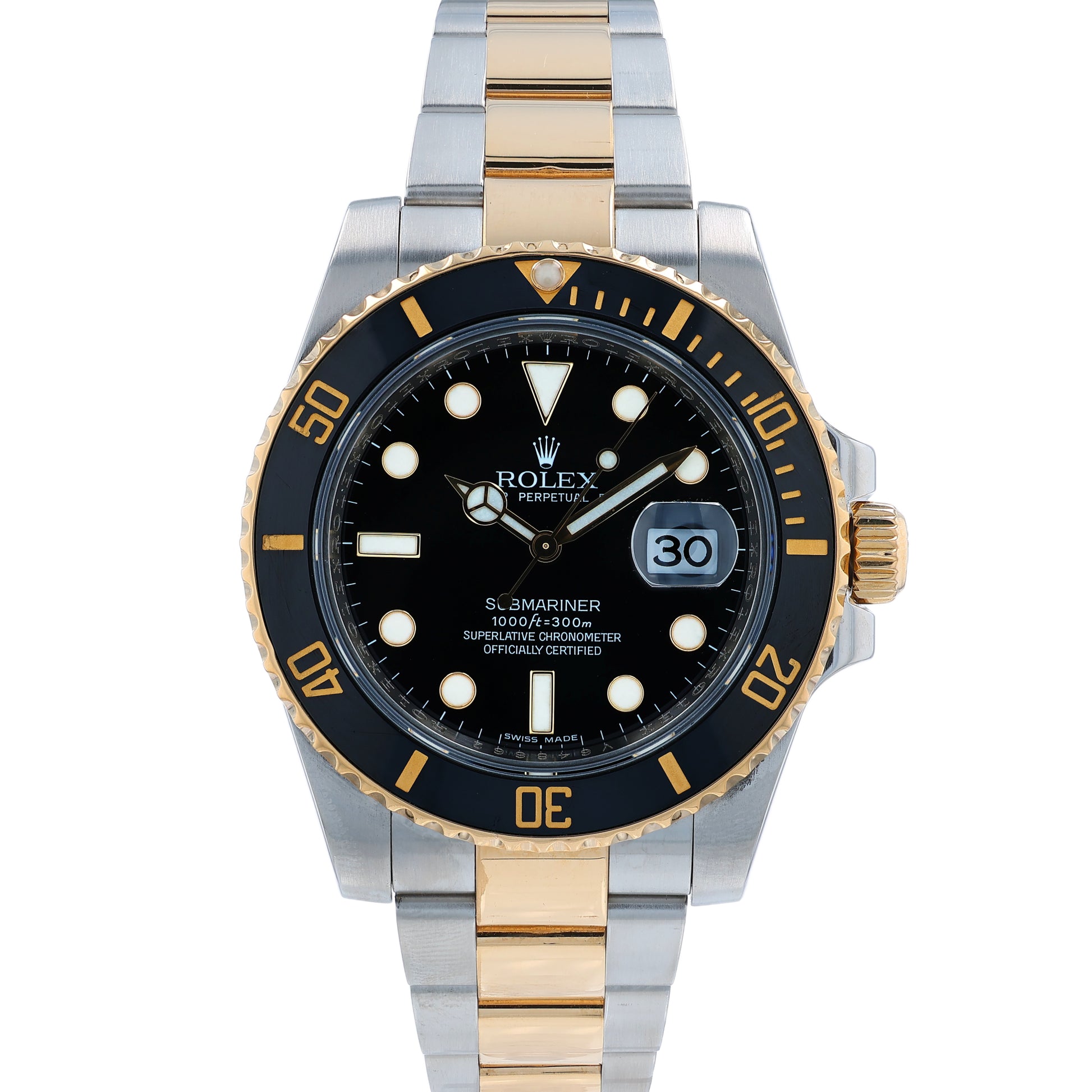 Two-tone Steel and gold Rolex Submariner watch with a black dial and bezel on a white background