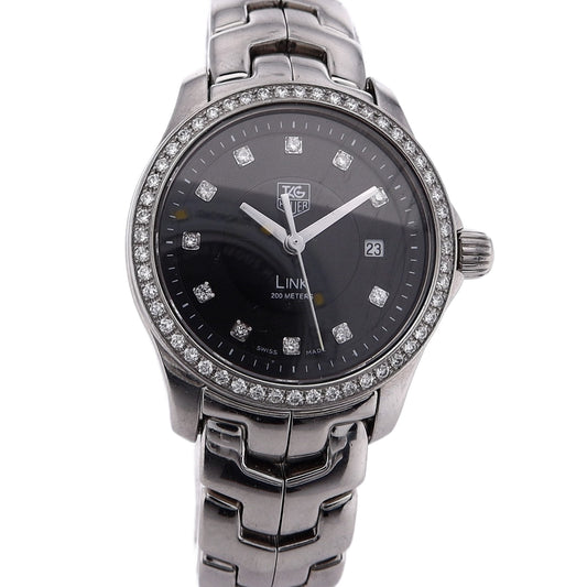 Estate Tag Heuer Stainless Steel Ladies Link Black Diamond Dial Diamond Bezel WJF131A