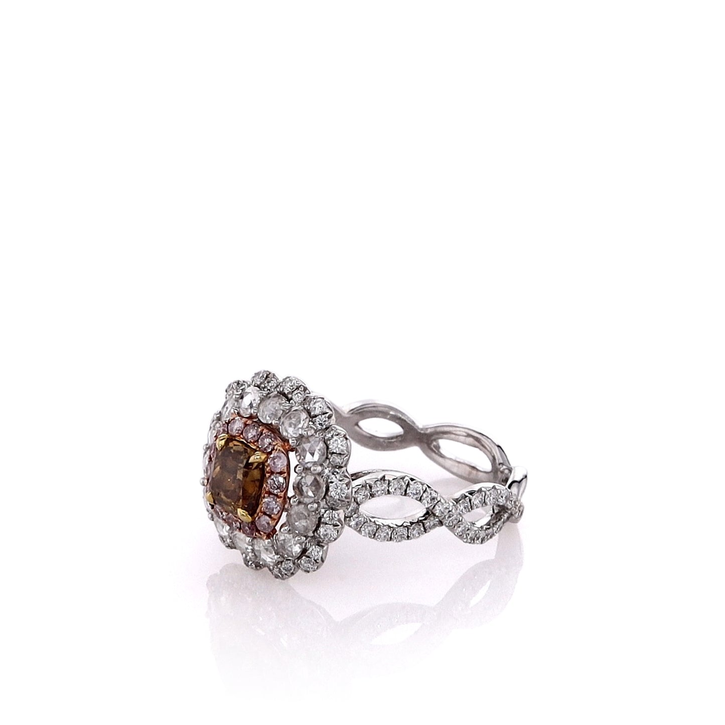 Estate 18k White Gold Brown and Pink Diamond Triple Halo Twist Shank Ring