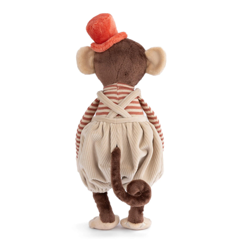 A photo of the back of a tan stuffed monkey toy with a red hat and striped shirt and tan corduroy overalls on a white background. 