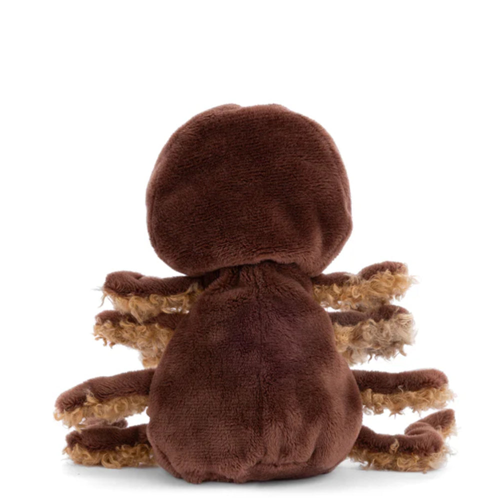 A photo of the back of a white teddy bear with brown spider outfit on a white background 
