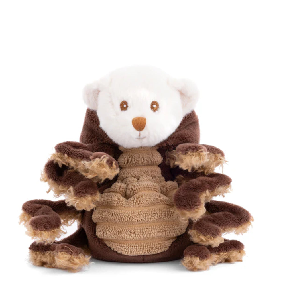 A white teddy bear with a brown spider outfit with the top of the outfit pulled down over the head on a white backround. 