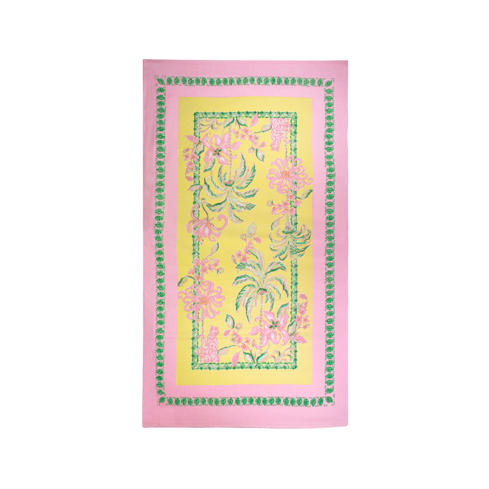 A rectangular textile with a pink border, a yellow center field, and pink floral motifs outlined in green, shown flat against a plain white background.