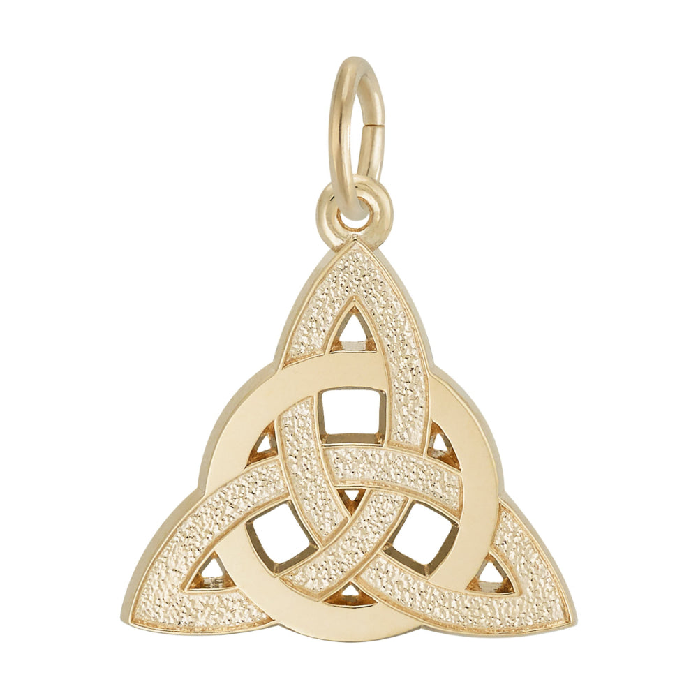 Gold Celtic knot pendant on a white background