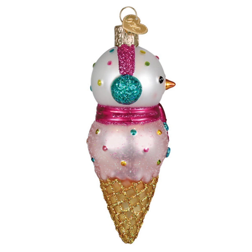 Side profile of decorative ornament shaped like a snowman sitting in an ice cream cone