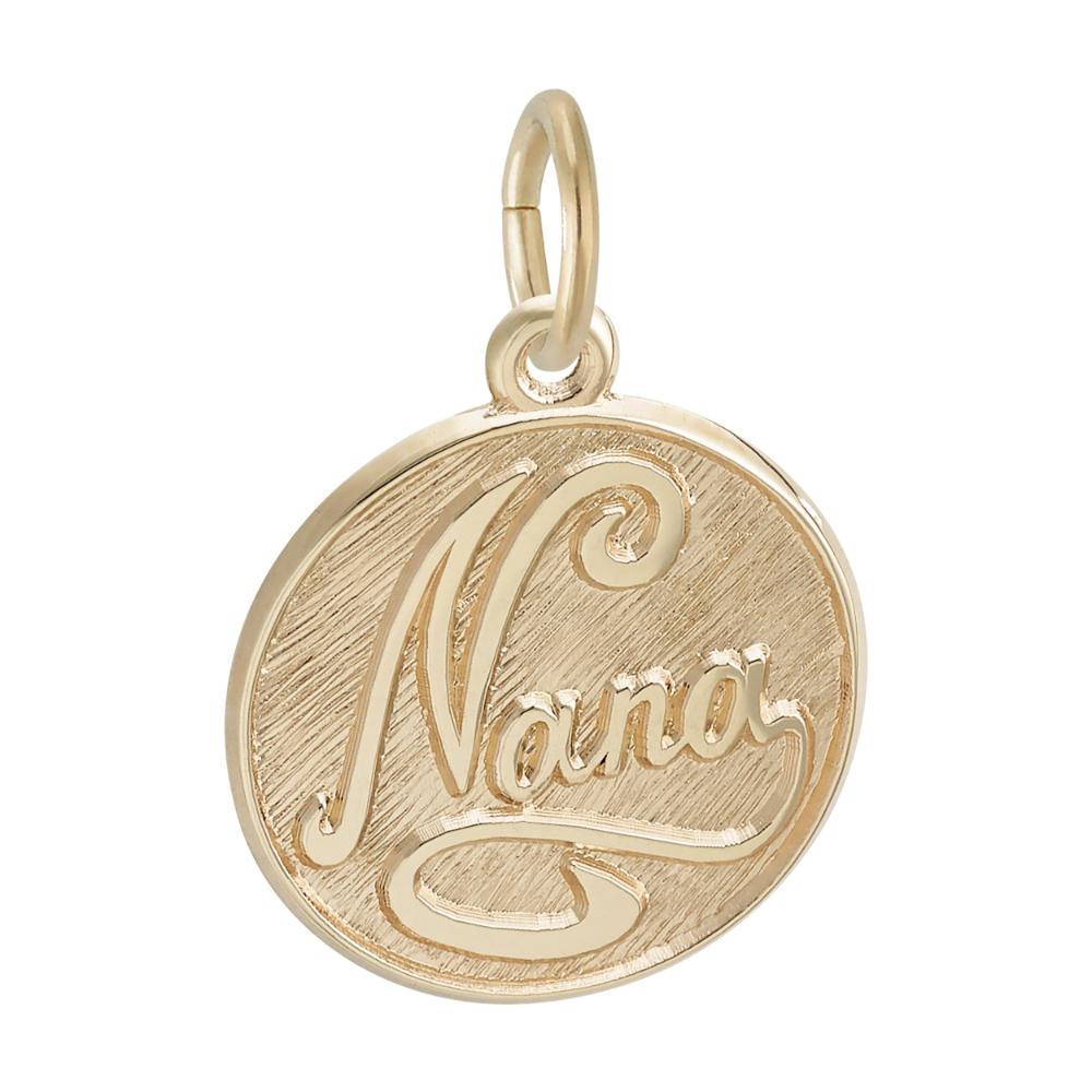 Gold charm with 'Nana' engraved on a white background