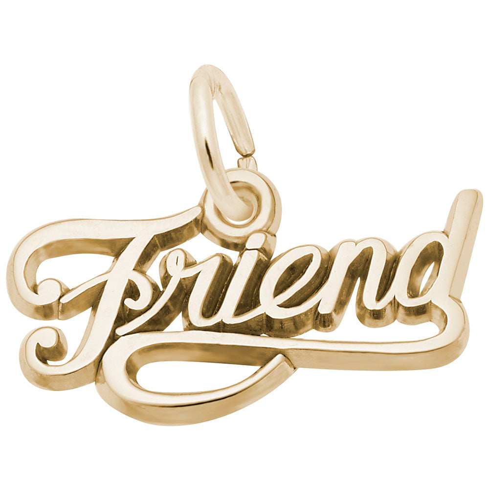 Gold 'Friend' charm on a white background