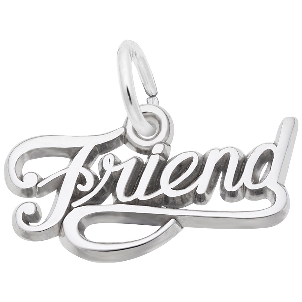 Silver 'Friend' charm on a white background