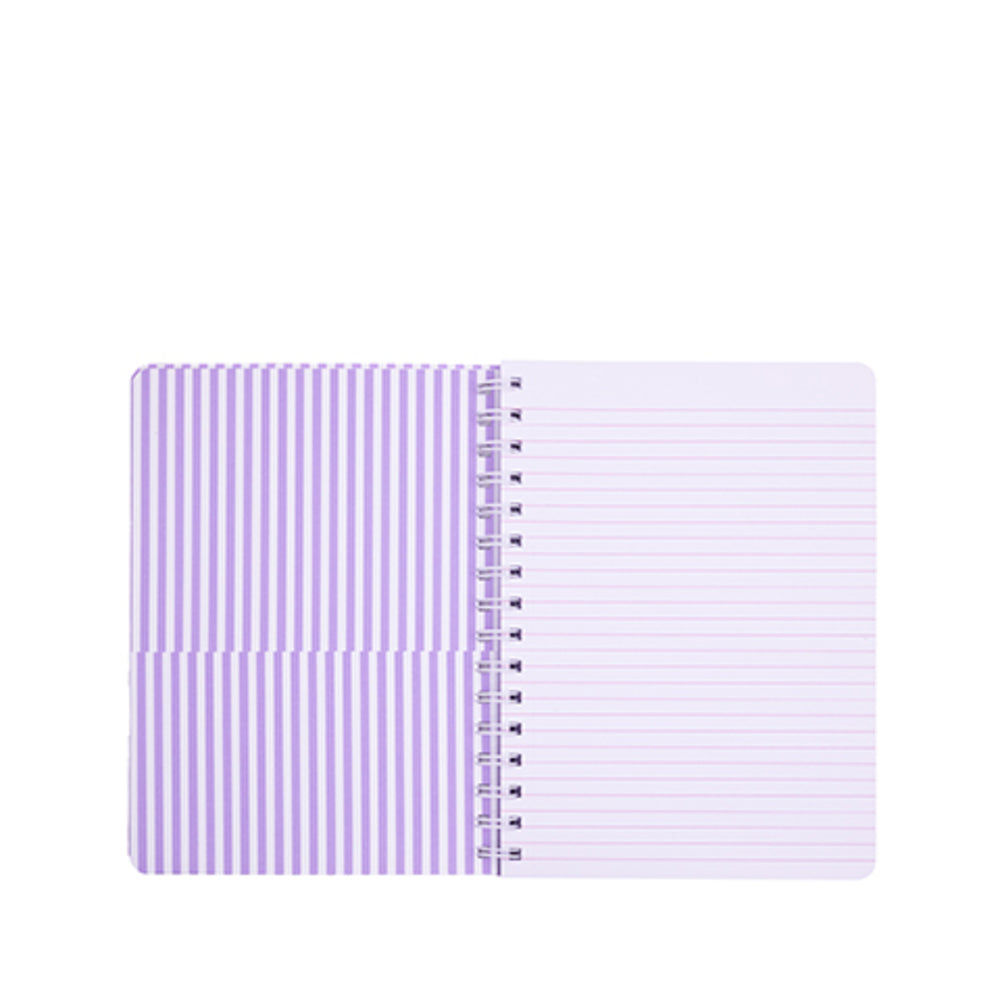 A spiral-bound notebook with lavender and white vertical stripes on the cover and lined pages on the right, shown on a plain white background.
