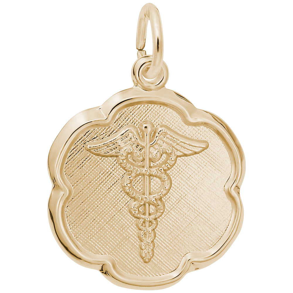 Gold medical symbol charm on a white background