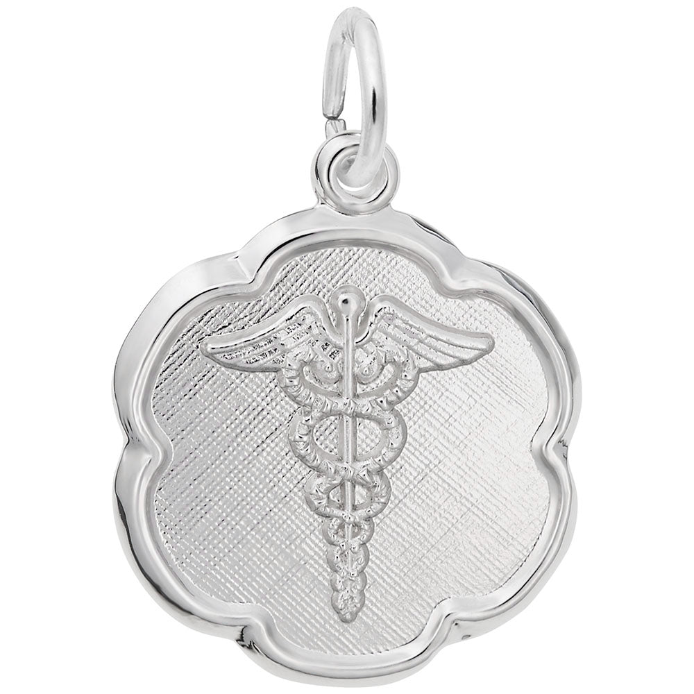 Silver medical symbol charm on a white background