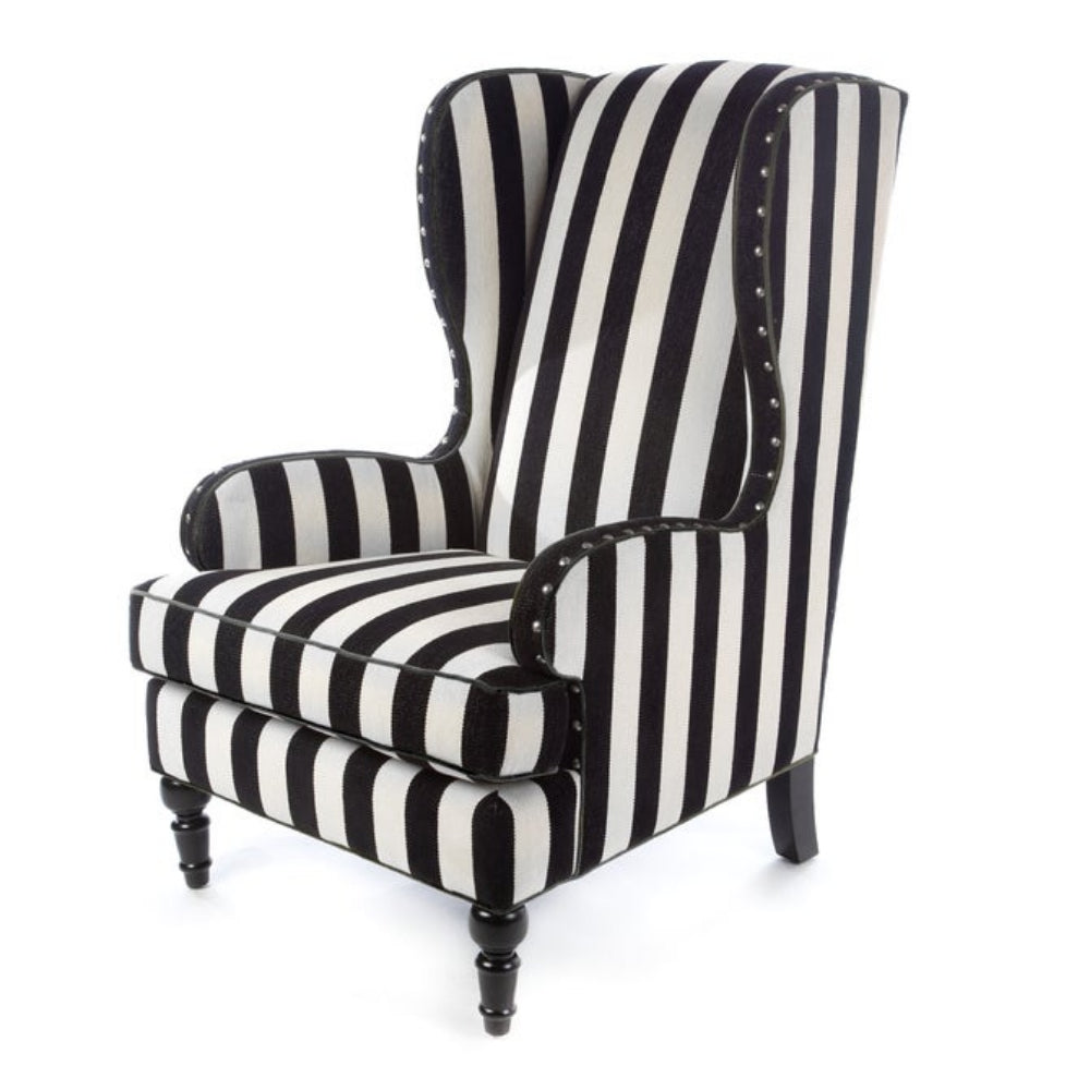 MacKenzie Childs Marquee Black Strip Chenille Wing Chair - Online Only