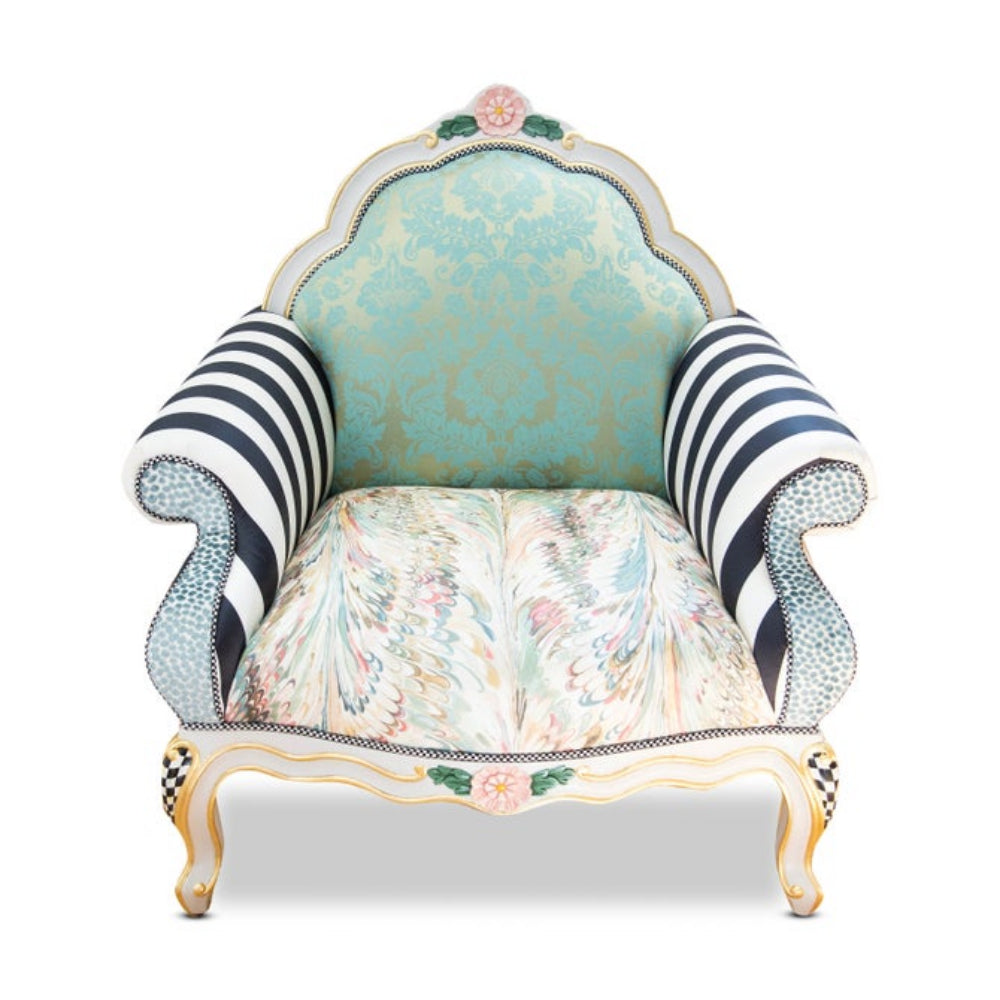 Decorative armchair with striped arms and floral pattern on a white background