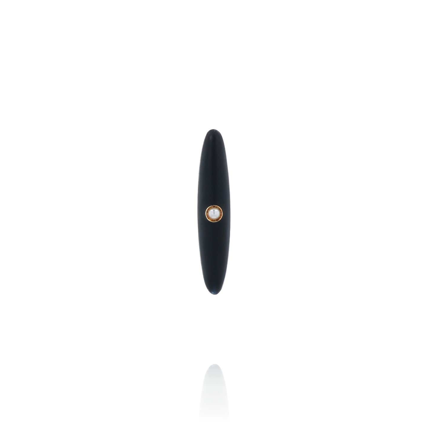 Yellow gold and black enamel pin with a pearl center on a white background