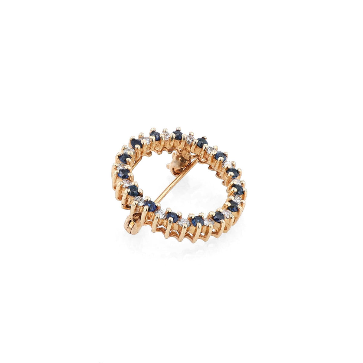 Estate 14k Yellow Gold Diamond and Sapphire Circular Pin