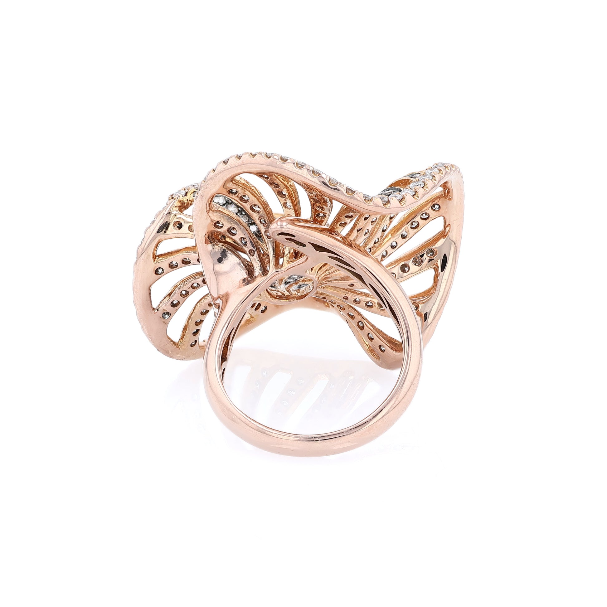 Rose gold white and brown diamond swirl design cocktail ring on a white background