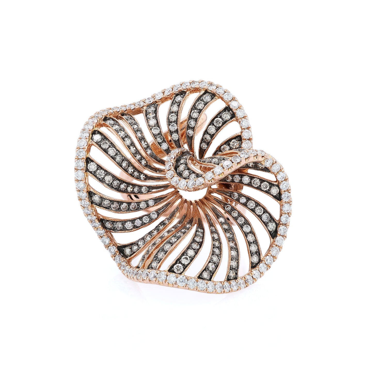Rose gold white and brown diamond swirl design cocktail ring on a white background