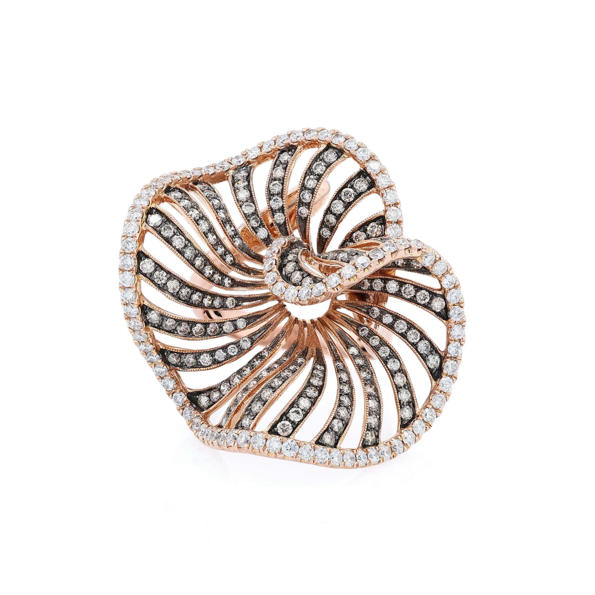 Rose gold white and brown diamond swirl design cocktail ring on a white background
