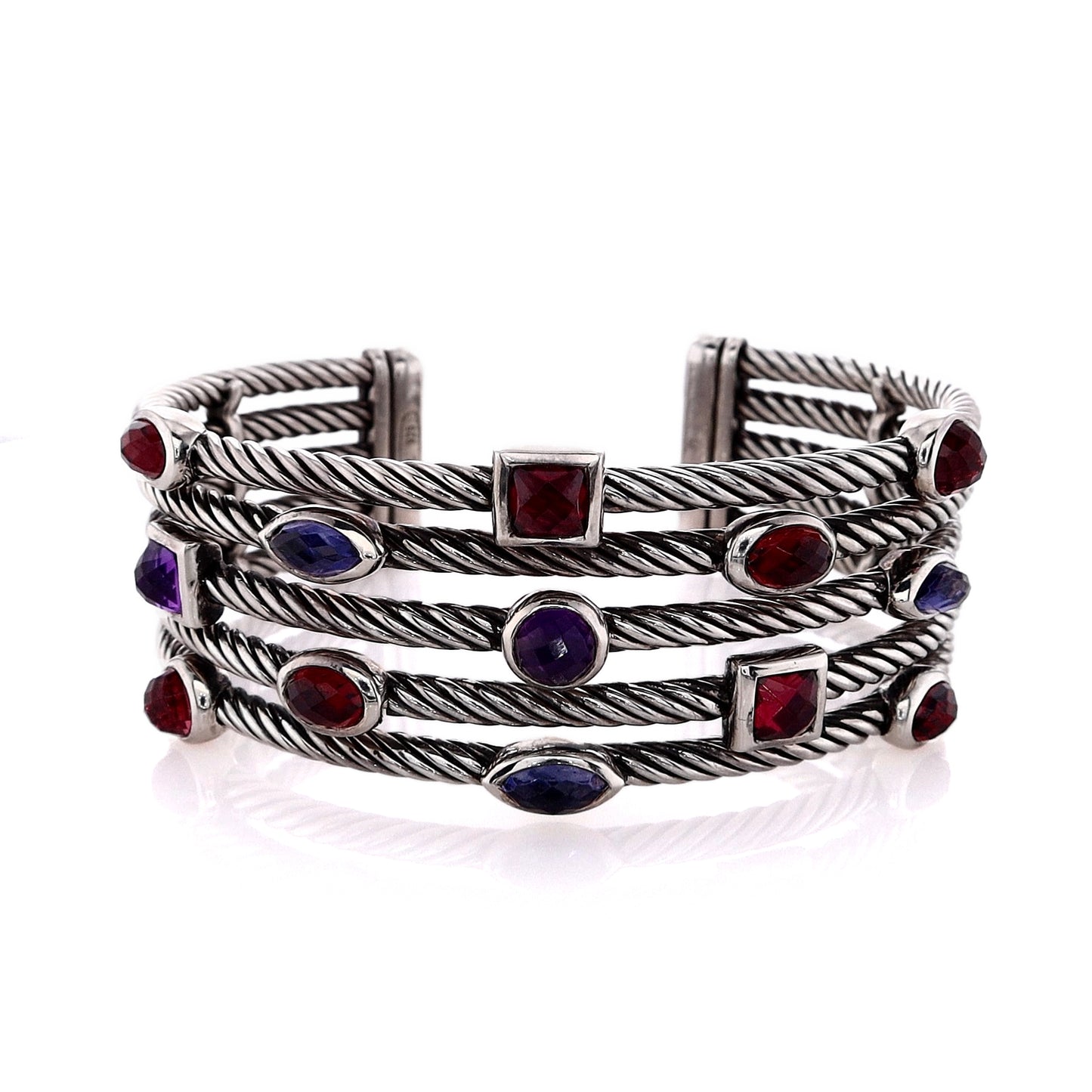David Yurman Confetti Collection Sterling Silver Multi Stones Bezel Set 5 Row Cuff Bracelet