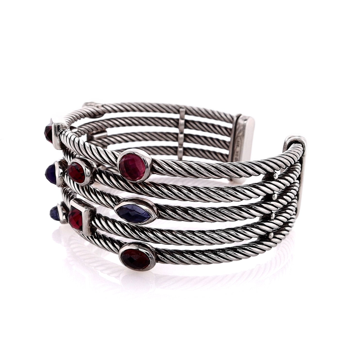 David Yurman Confetti Collection Sterling Silver Multi Stones Bezel Set 5 Row Cuff Bracelet