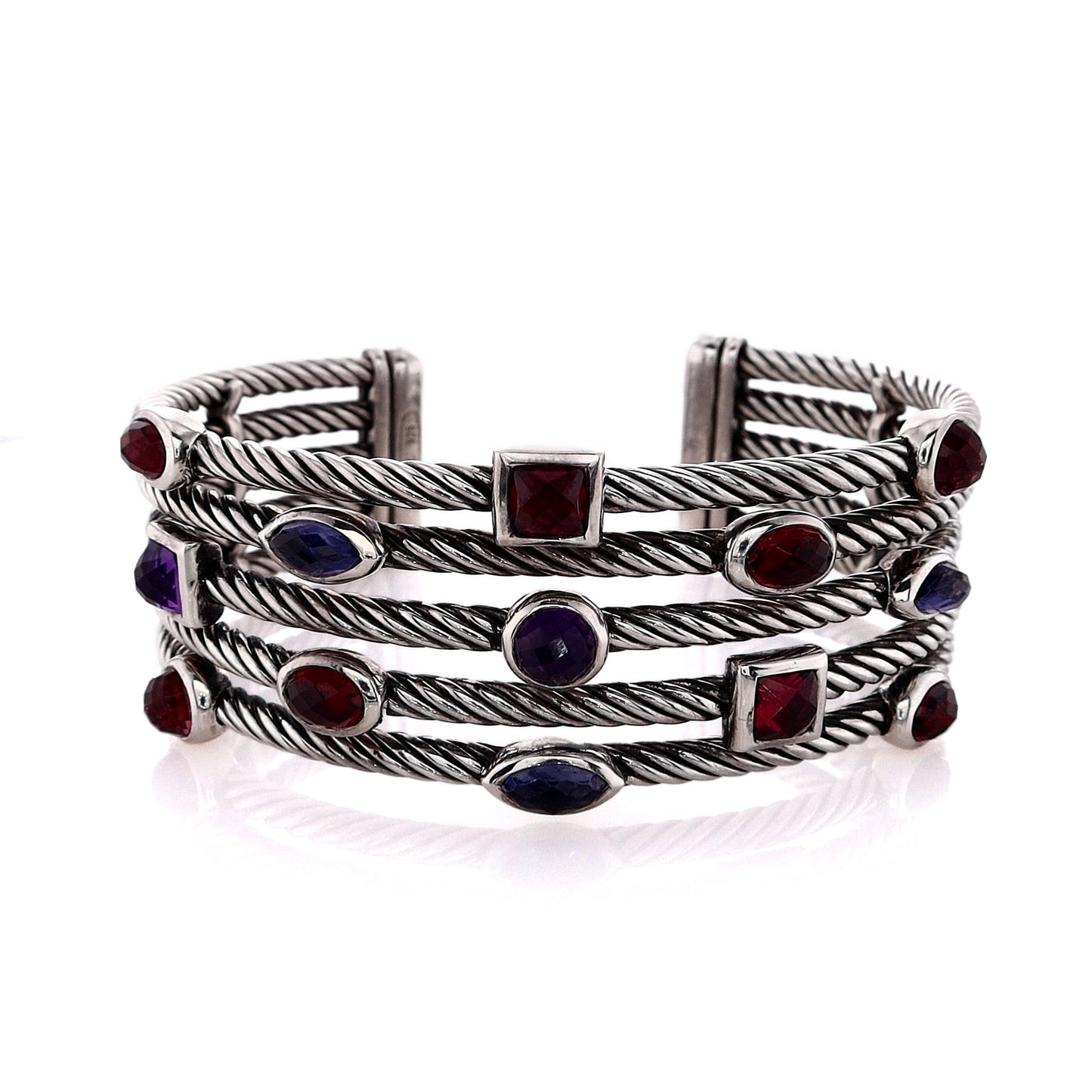David Yurman Confetti Collection Sterling Silver Multi Stones Bezel Set 5 Row Cuff Bracelet