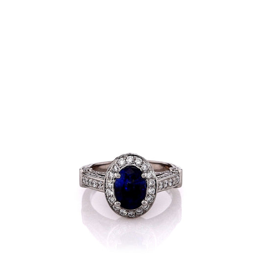 Estate 18k White Gold Engraved Shank Oval Sapphire and Diamond Halo Ring