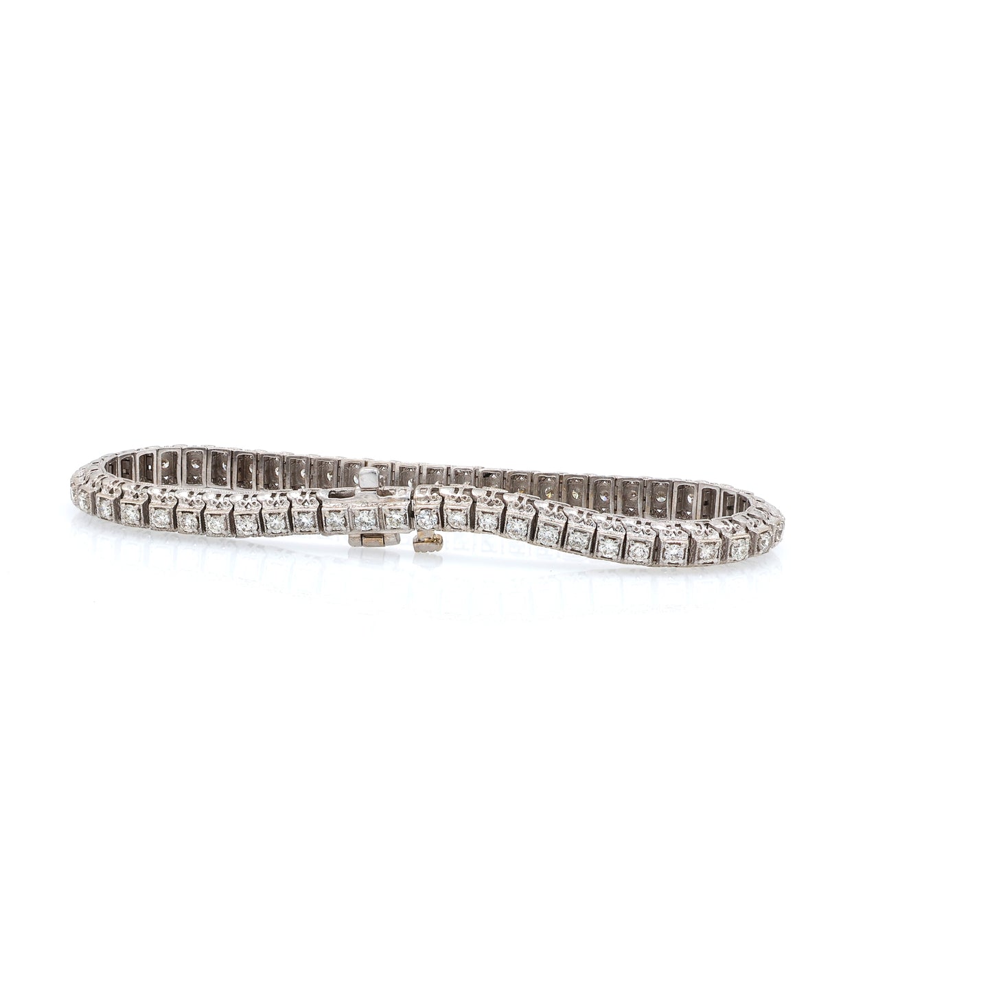 Estate 14 Karat White Gold Diamond Bracelet With Filagree Sides