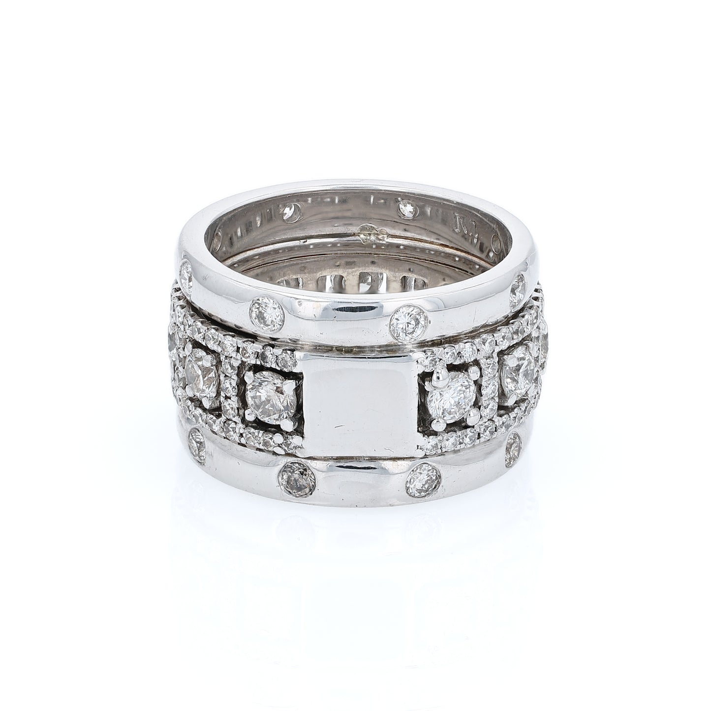 Estate 14k White Gold Three Row Surrounded Center Diamond Band