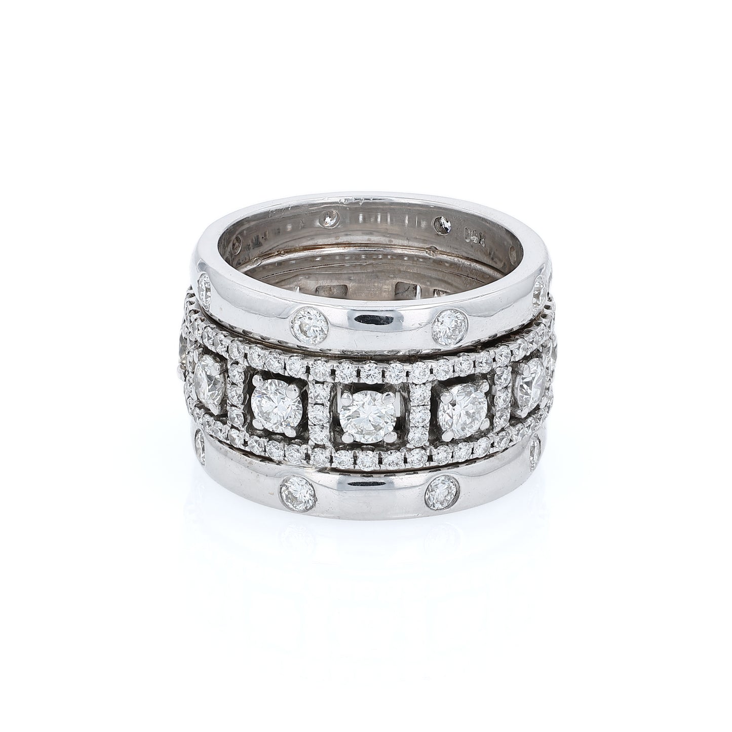 Estate 14k White Gold Three Row Surrounded Center Diamond Band
