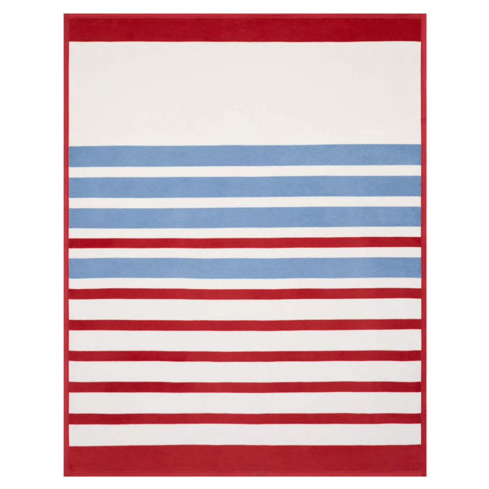 Striped blanket with red, blue, and white horizontal stripes on a plain background