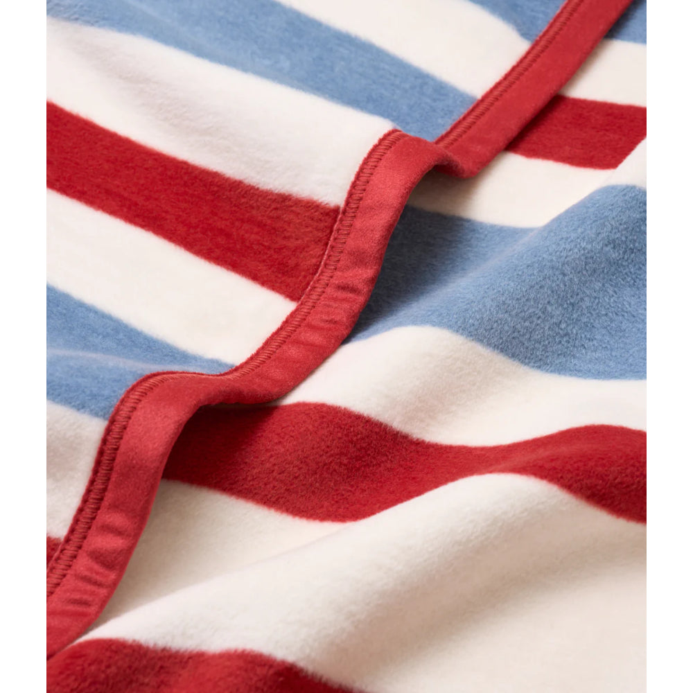 Close-up of a red, white, and blue striped fabric blanket
