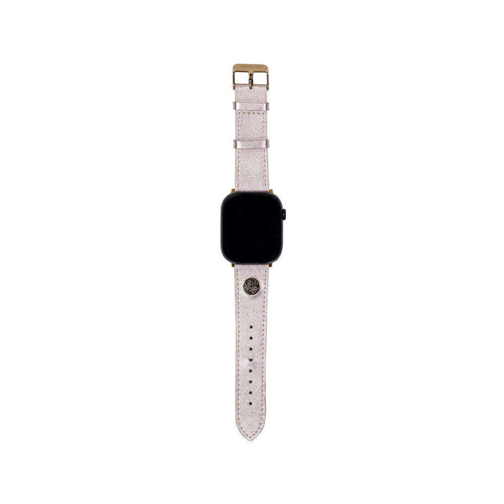 A light pink textured leather watch band with gold-tone hardware, shown on a smartwatch against a plain white background.