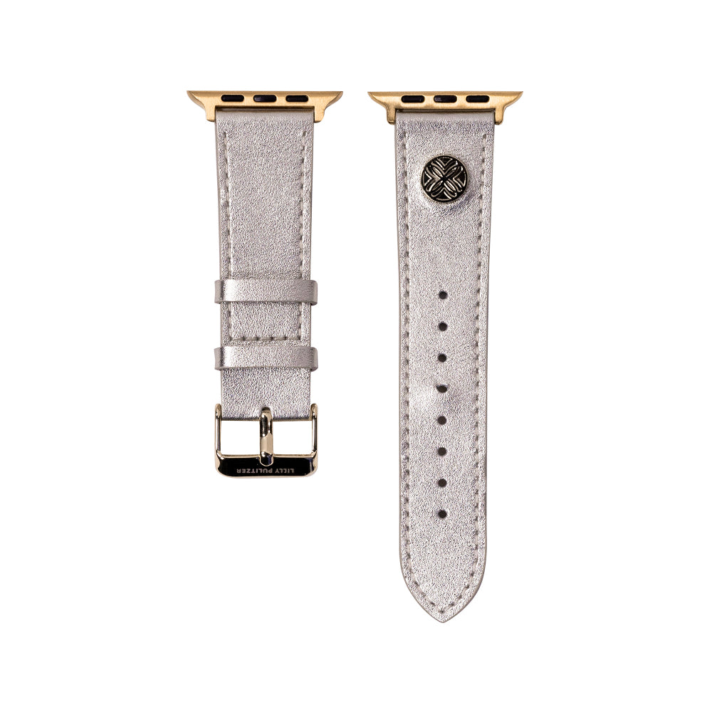 Silver watch strap with gold accents on a white background