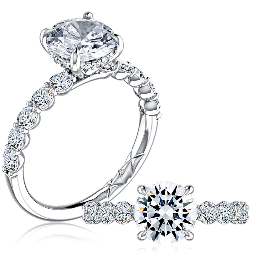 A. Jaffe Platinum Round Center Diamond Engagement Ring With Hidden Halo and Side Stones