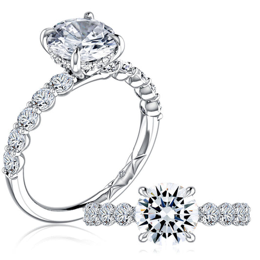 A. Jaffe Platinum Round Center Diamond Engagement Ring With Hidden Halo and Side Stones