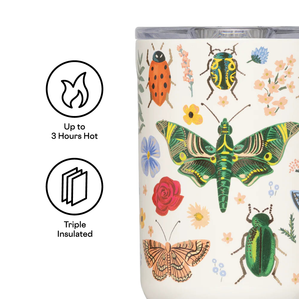 White mug with butterfly and insect design, featuring insulation and heat retention icons on a white backround.