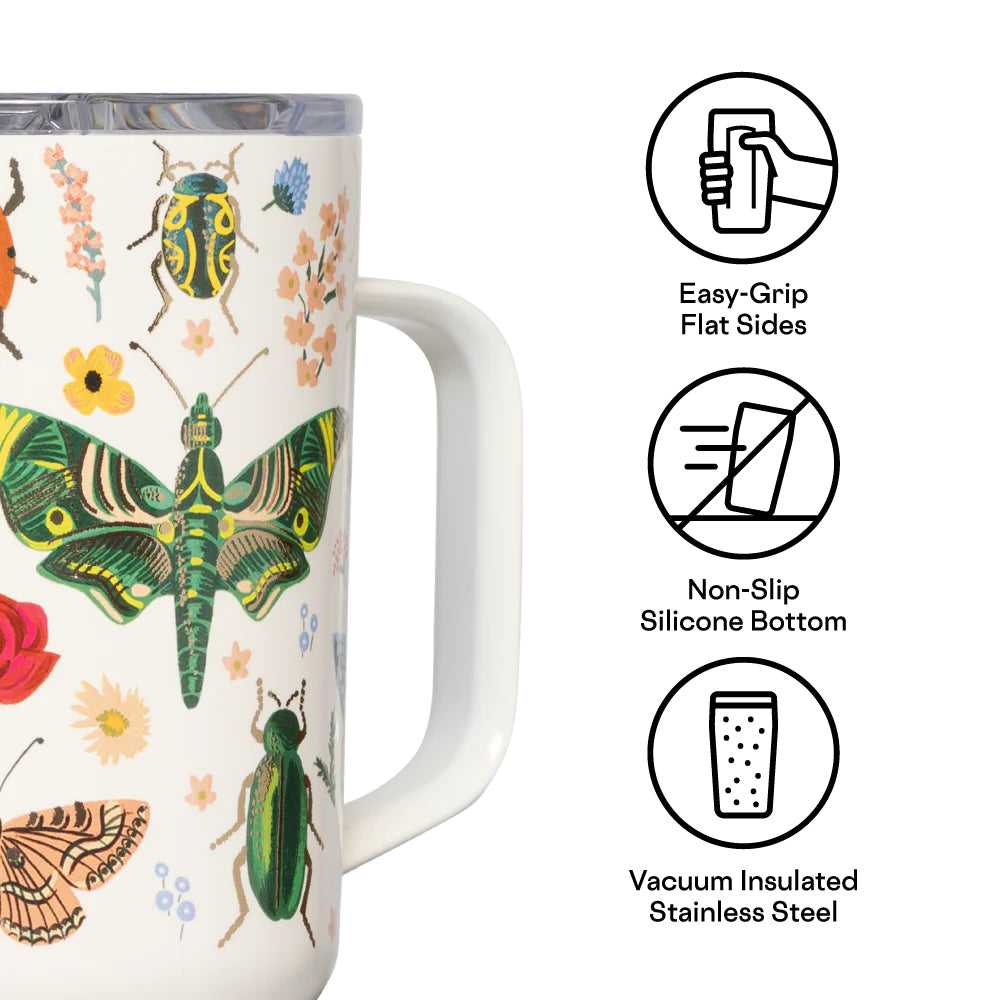 White mug with insect design and features listed on a white background.