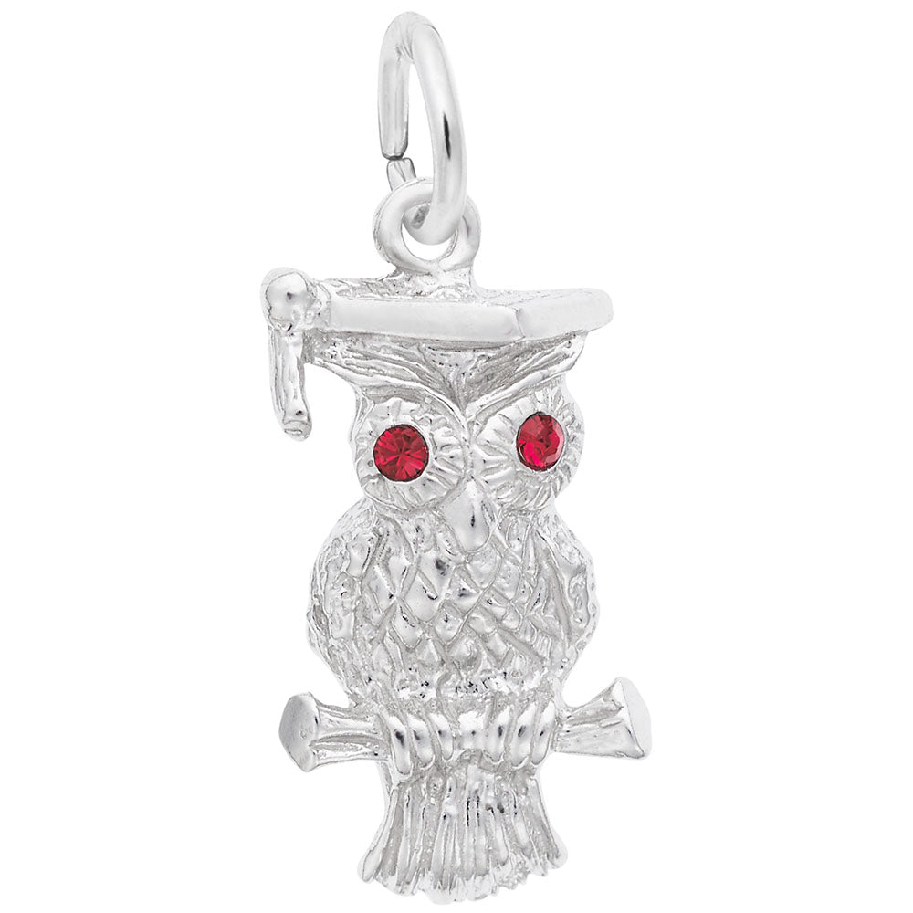 Silver owl charm with red eyes on a white background