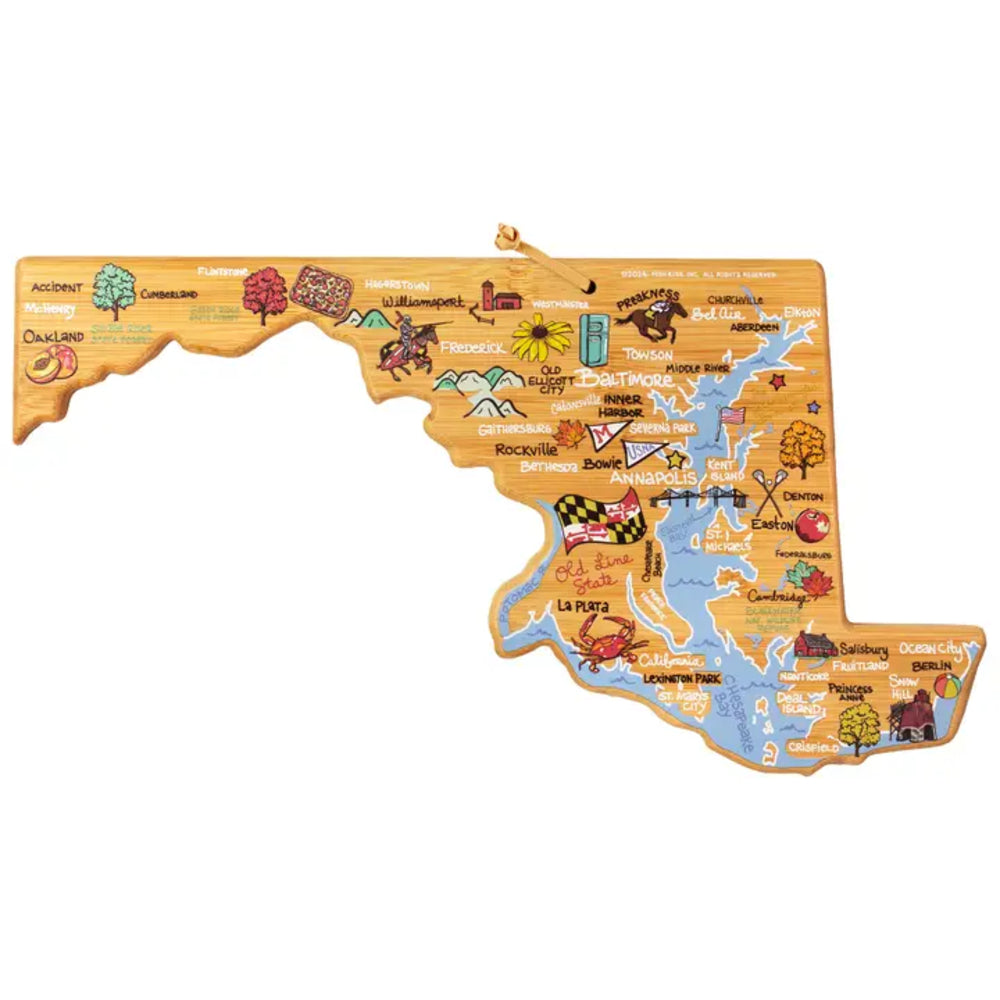 Wooden map of Maryland cutting board with various icons and labels on a white background.