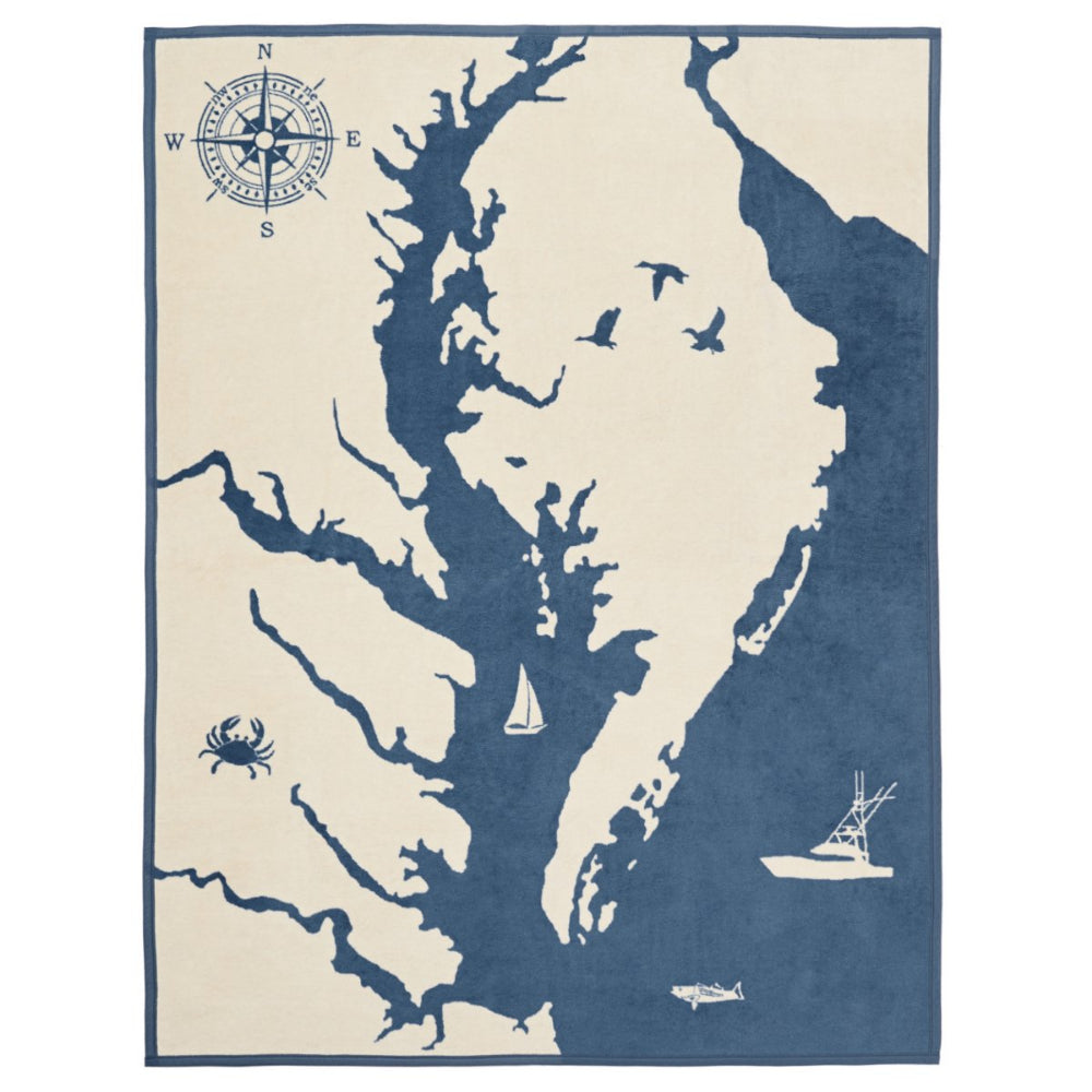 Map design with a compass, boats, and crabs on a blue and beige background